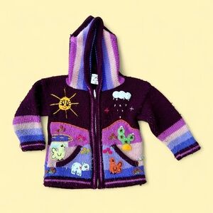 Handmade Peruvian Colorful Embroidered Hooded Knit Sweater, Size 2T